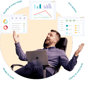 Man smiling in office chair with laptop, surrounded by system mockups and value points from the Business Online platform.